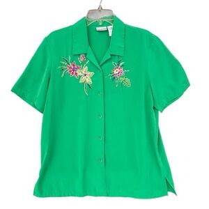 Koret Bright Green Floral Embroidered Button Front Blouse Women Large Short Slee